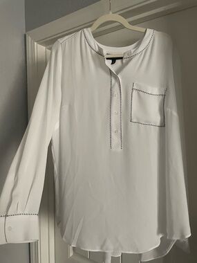 Lane Bryant White Long-Sleeve Dress Shirt with Black Contrast Stitching